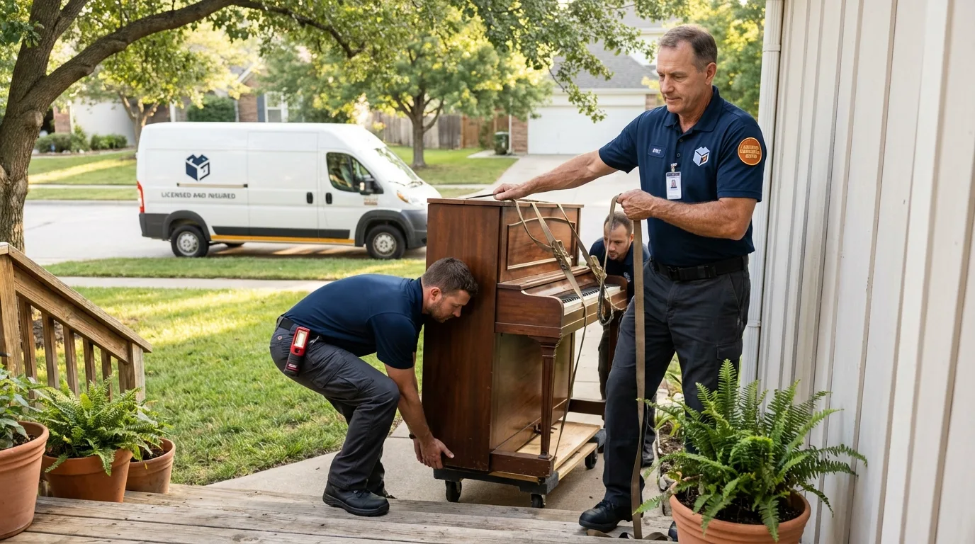 Licensed piano movers securing grand piano in Skokie, IL