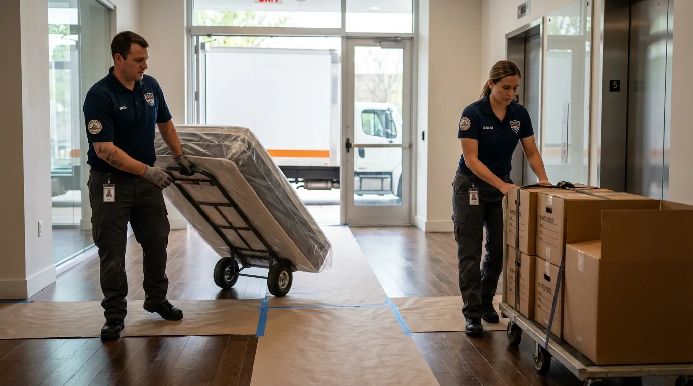 Professional apartment movers loading elevator in Skokie, IL